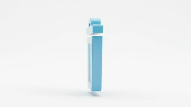 A light blue trash can icon with a lid floating above it on a white background in a minimalist style