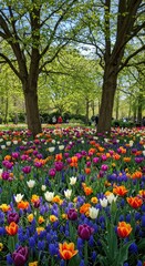A vibrant display of mixed tulips and muscari bloom in a garden park setting