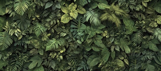 Fototapeta premium Lush green tropical leaves densely cover a wall