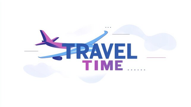 Flat vector logo design of airplane flying across sky with “TRAVEL TIME” text. - Powered by Adobe