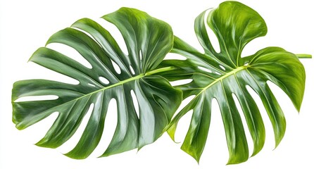 Two vibrant monstera leaves, deeply veined and patterned, against a white background