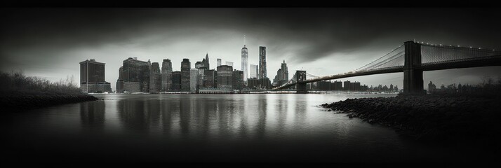 black and white panoramic city skyline with tall buildings and a large suspension bridge over calm water with cloudy sky