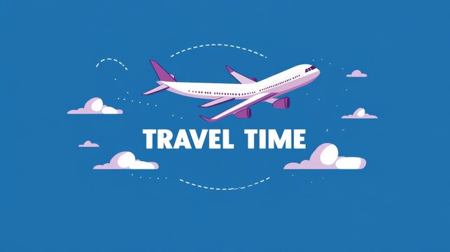 Flat vector logo design of airplane flying across sky with “TRAVEL TIME” text.