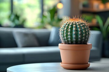 Round green cactus with orange spines in a terracotta pot sitting on a light-colored table in a bright living room with a sofa and plants in the background