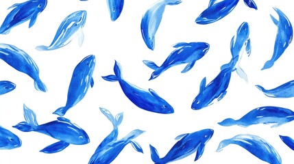Blue watercolor whales seamless pattern on white background
