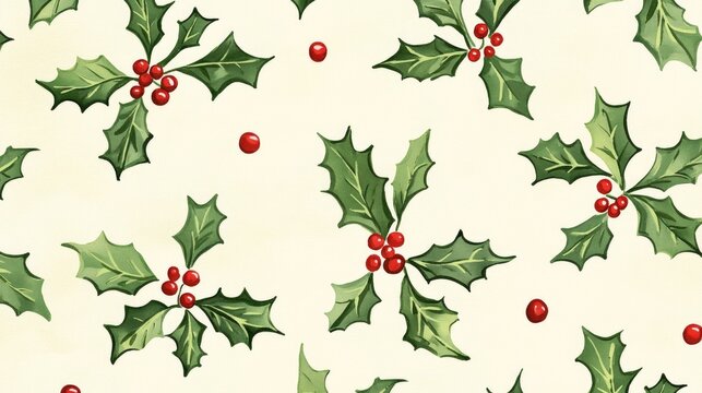 Festive holly leaves and red berries on cream background: classic holiday pattern