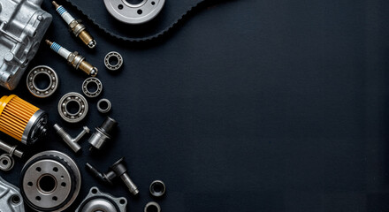 Flat Lay of Engine Parts, Spark Plugs and Bearings on Black Background