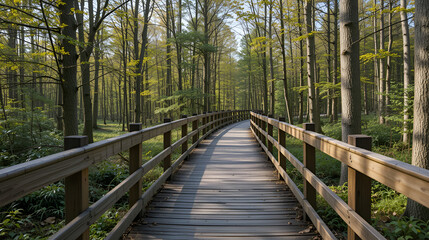 Obraz premium A wooden walking path Bor na Czerwonem nature reserve in Nowy Targ in Poland