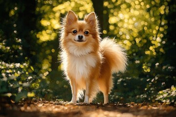 Obraz premium small fluffy dog standing on a sunlit forest path surrounded by greenery and warm golden light creating a peaceful atmosphere