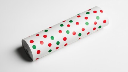 Festive red and green polka dot wrapping paper roll on white background