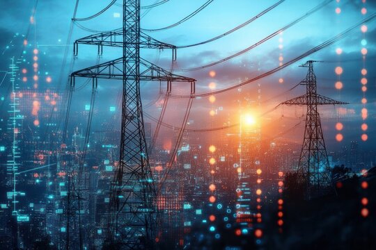 Electric power transmission towers at sunset with digital data overlay representing smart grid technology and urban energy infrastructure