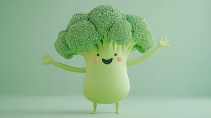 Happy cartoon broccoli with smiling face and arms
