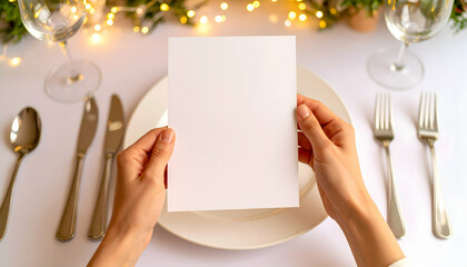 Close Up of Hands Holding Blank Menu Paper over Set Table with Festive Decoration Warm Lighting and Elegant Tableware