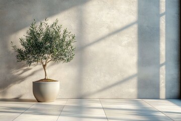Small olive tree in a simple white pot against a textured wall with natural light casting long shadows on the tiled floor