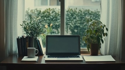 Home office workspace by window with plants.