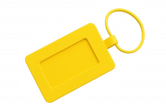 Bright yellow rectangular identification tag with cutout and loop on transparent background