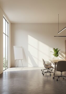 Modern Office Interior Photo Empty Room with Large Window Bright Sunlight