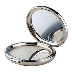 Round compact mirror with open lid isolated on white background