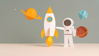 Paper Craft Rocket with Paper Planets and Astronaut in Outer Space on a Blue Starry Background