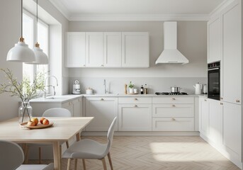 Modern White Kitchen Interior Design with Wooden Table and Natural Light Photo