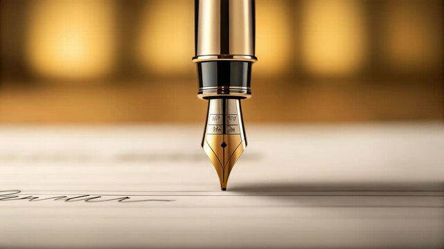 Fountain pen writing on paper with blurred golden background  