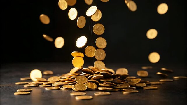 Falling gold coins creating a pile on dark textured surface  