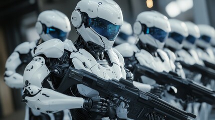 Robotic soldiers in formation demonstrating advanced technology during a futuristic exhibit
