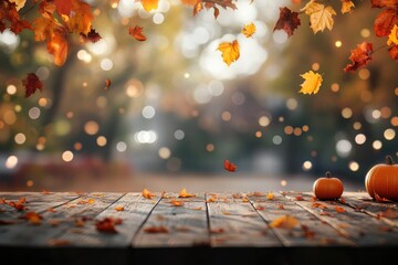Autumn leaves fall onto a rustic wooden table with pumpkins.  Blurred autumnal bokeh background
