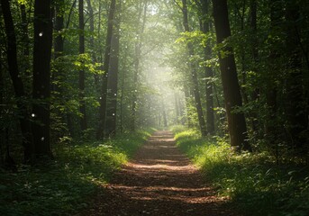 Naklejka premium Photo of a Sunlight Streaking Through Trees along Forest Trail in Greenery