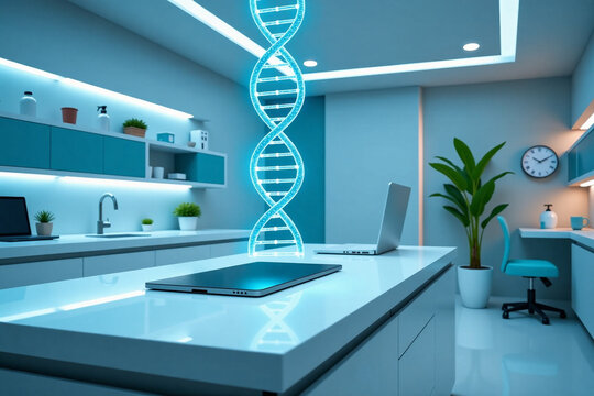 Modern laboratory with futuristic DNA model and sleek design  