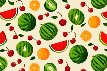Colorful flat illustration of various fruits including watermelons, cherries, oranges, and kiwis arranged in a seamless pattern on a light background, perfect for summer-themed designs