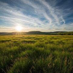 Fototapeta premium Photo A Golden Sunset Over Green Field With Blue Sky And Clouds