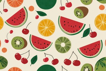 Colorful flat illustration of various fruits including watermelon, cherries, oranges, and kiwis arranged in a playful pattern on a light background, showcasing vibrant colors and textures