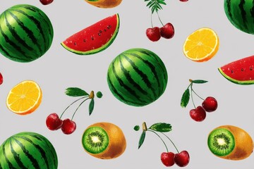 Colorful flat illustration of various fruits including watermelon, cherries, oranges, and kiwi arranged on a light gray background, showcasing vibrant colors and playful design elements