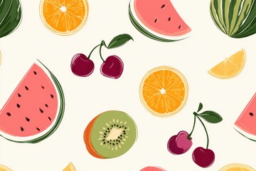 Colorful fruit pattern featuring slices of watermelon, oranges, cherries, and kiwi on a light background, showcasing vibrant colors and playful design elements for creative projects