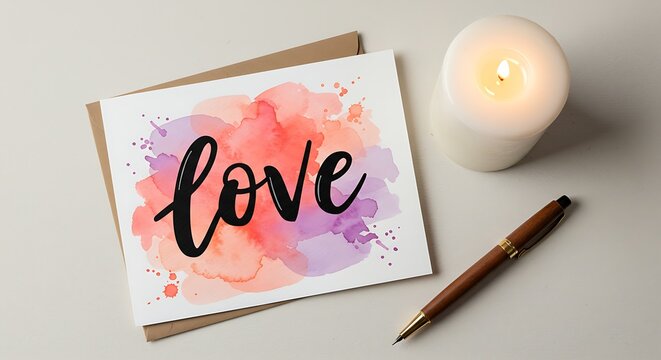 A romantic "love" message on a card with a lit candle and pen