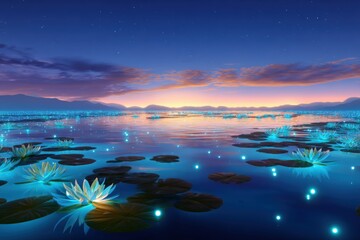 Serene lake at dusk with glowing water lilies and reflections, surrounded by distant mountains under a starry sky, creating a tranquil and magical atmosphere