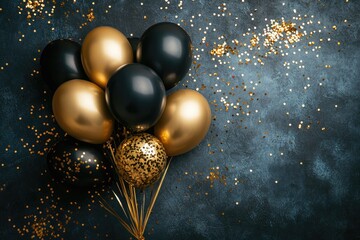 Black and gold balloons on a dark background scattered with glitter