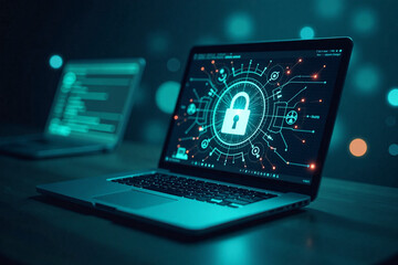 Laptop displaying cybersecurity interface with digital padlock symbol  