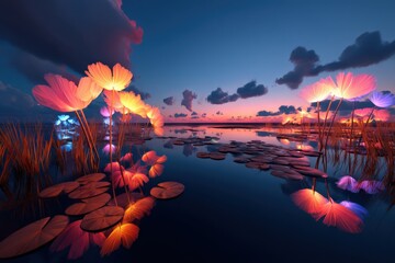 Vibrant water lilies illuminated by soft lights reflect on tranquil water surface at dusk, creating a serene and enchanting atmosphere in a natural landscape