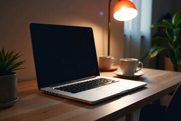 Fototapeta premium Modern laptop on wooden desk with coffee cup and plant at night 