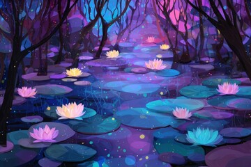 Vibrant digital illustration of a serene pond filled with colorful water lilies, surrounded by dark trees, creating a mystical atmosphere with enchanting hues and reflections