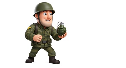 Fototapeta premium cartoon soldier in military uniform holding a grenade, centered on isolated white screen background