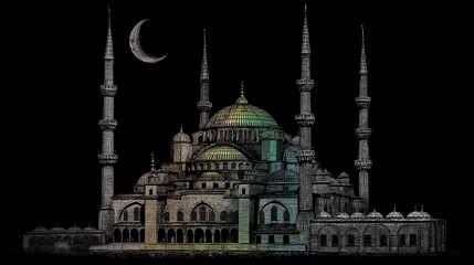 Fototapeta premium Serene Mosque at Night: A breathtaking, detailed illustration of a grand mosque silhouetted against the deep black of a moonlit sky.