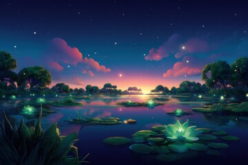 Serene landscape illustration depicting a tranquil lake at dusk, surrounded by lush greenery and blooming water lilies, with a vibrant sunset and starry sky creating a peaceful atmosphere