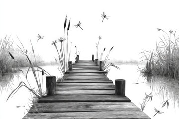 Serene black and white illustration of a wooden pier extending over calm waters, surrounded by tall grasses and dragonflies, evoking tranquility and nature's beauty