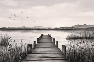 Serene black and white illustration of a wooden pier extending into a calm lake, surrounded by tall grass and distant mountains, evoking tranquility and nature's beauty