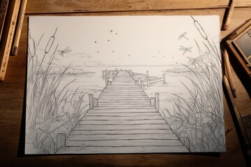 Hand-drawn sketch of a wooden pier extending into a serene body of water, surrounded by tall grass and dragonflies, capturing a tranquil natural scene in a detailed illustration