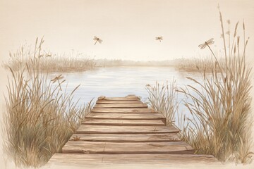 Serene wooden dock extending over calm water, surrounded by tall grass and delicate dragonflies, creating a tranquil atmosphere for relaxation and reflection in nature