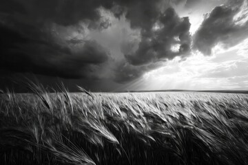 Dramatic black and white landscape of a vast field of wheat swaying in the wind under a moody sky filled with dark clouds and rays of sunlight breaking through the atmosphere